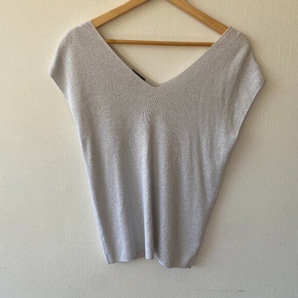 Talbots Cap Sleeve Sweater Womens Medium Gray Metallic Double V-neck Holiday - Picture 1 of 8